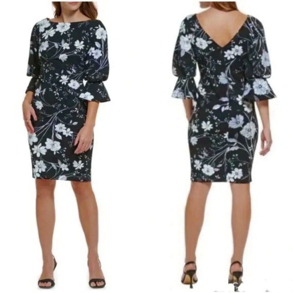 Calvin Klein Black White Floral Dress Bell Cuff Sheath Bateau Neck